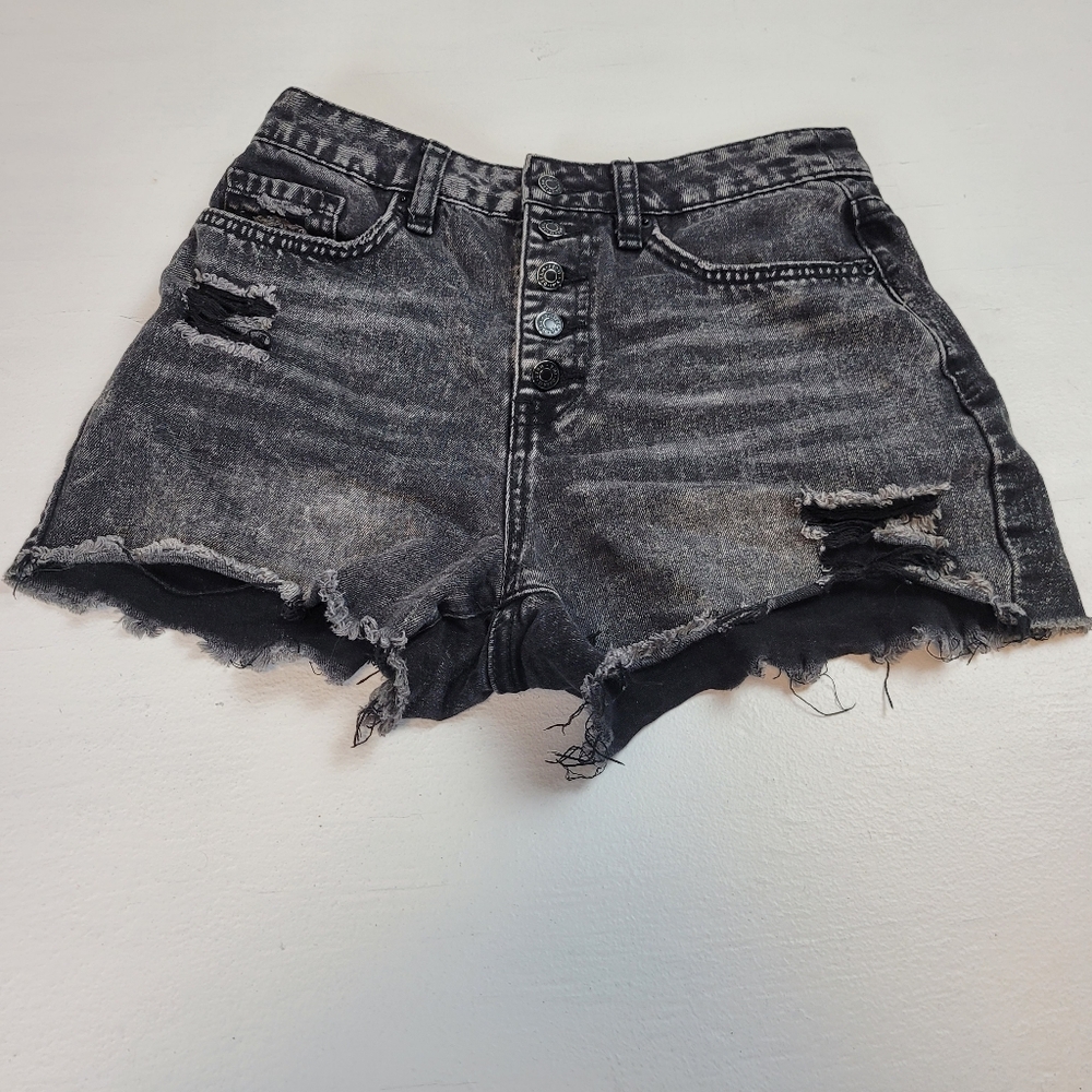 YMI Dream exposed button fly black distressed denim shorts